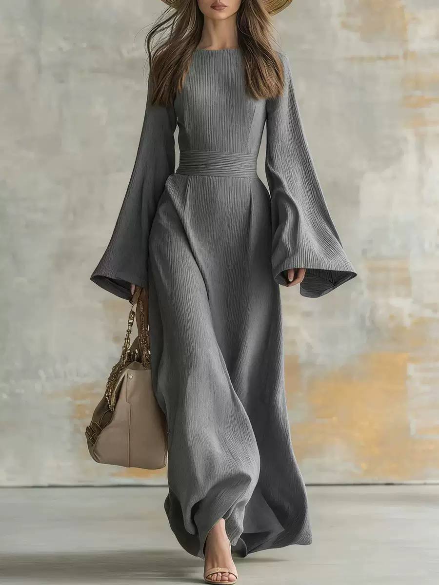 Women’s Elegant Long Sleeve Flared Cuff Belted Maxi Dress