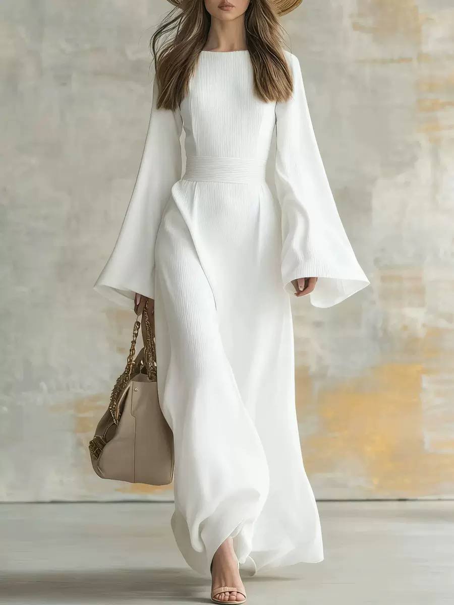 Women’s Elegant Long Sleeve Flared Cuff Belted Maxi Dress