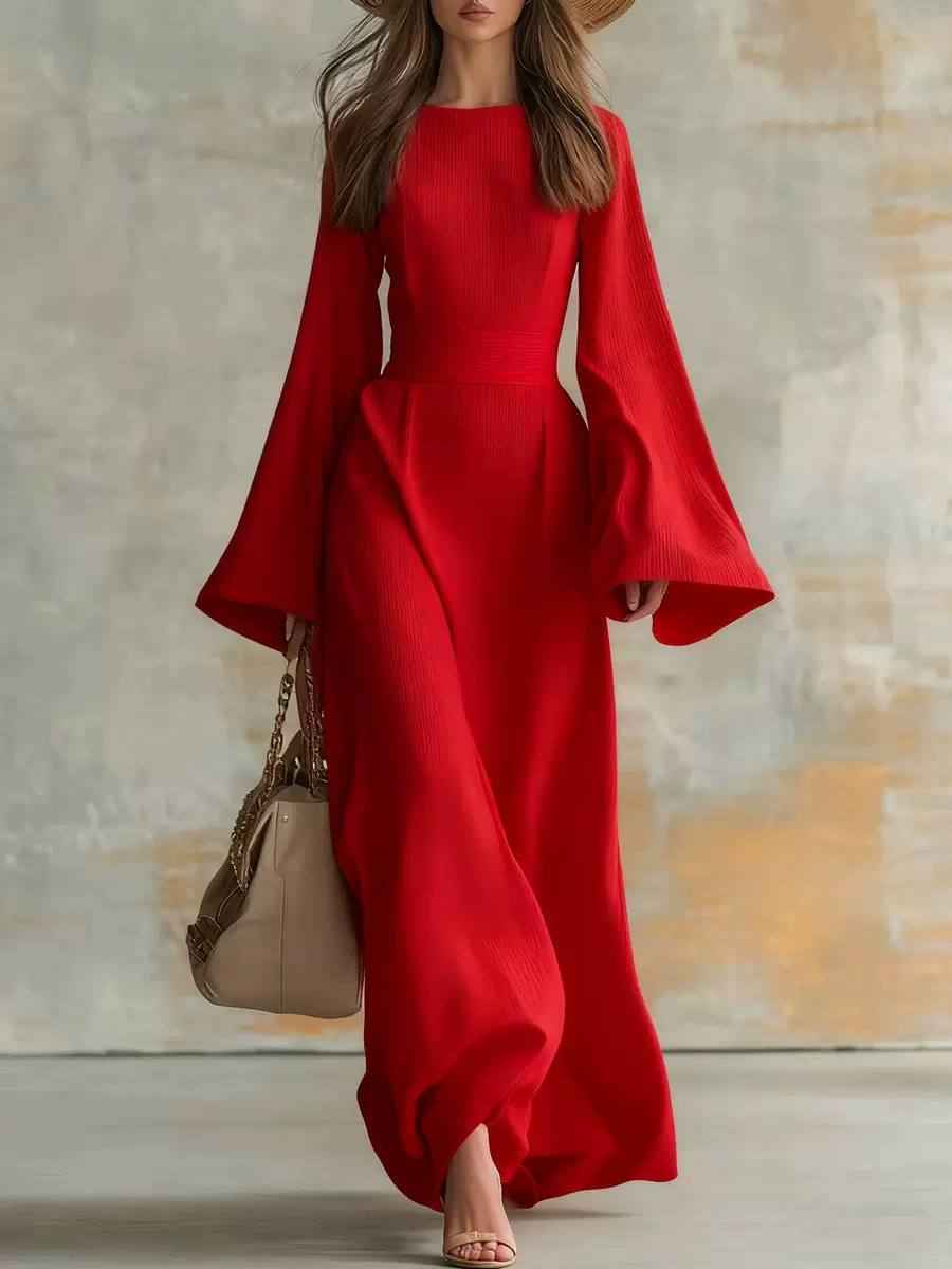 Women’s Elegant Long Sleeve Flared Cuff Belted Maxi Dress