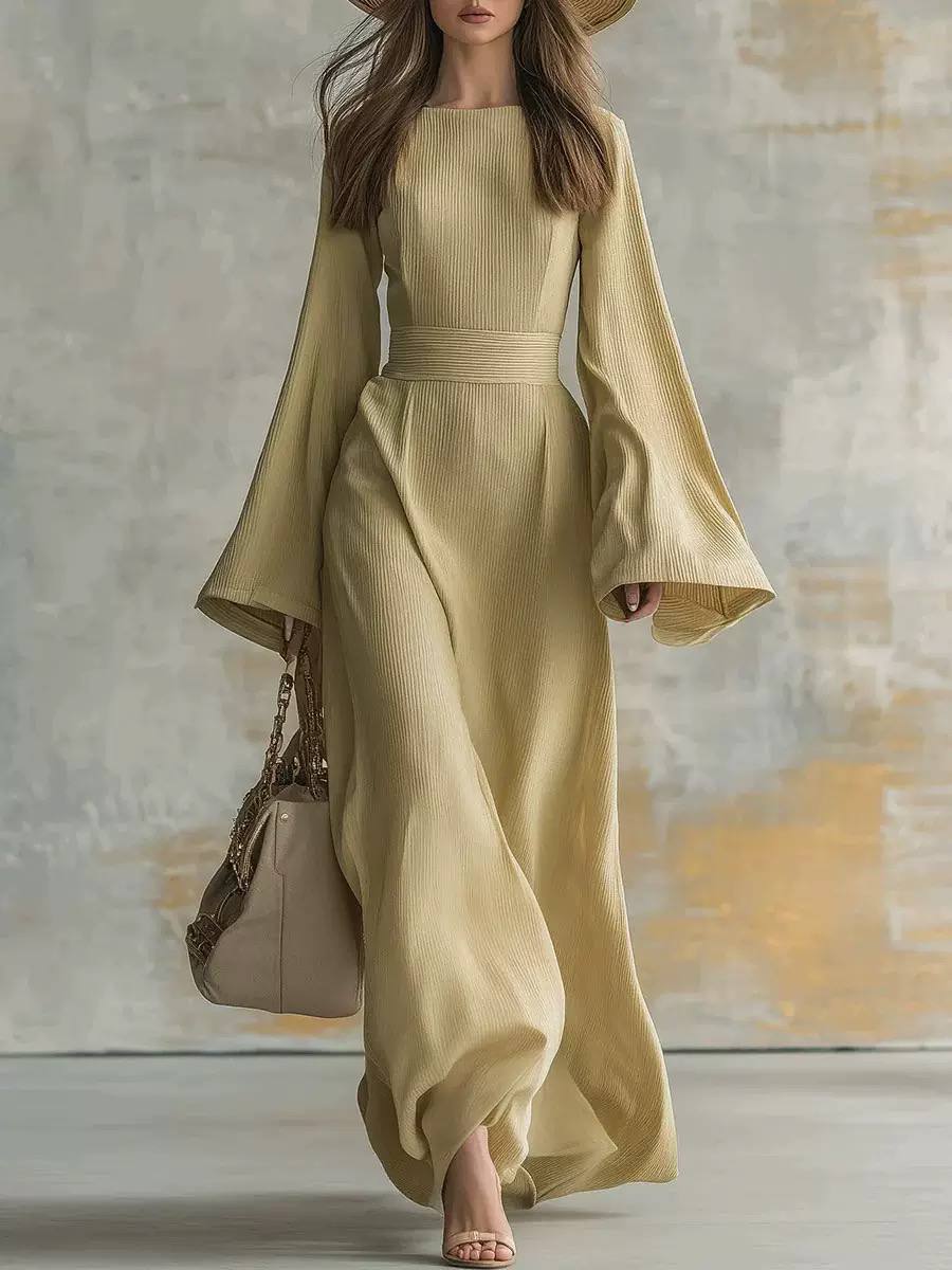 Women’s Elegant Long Sleeve Flared Cuff Belted Maxi Dress