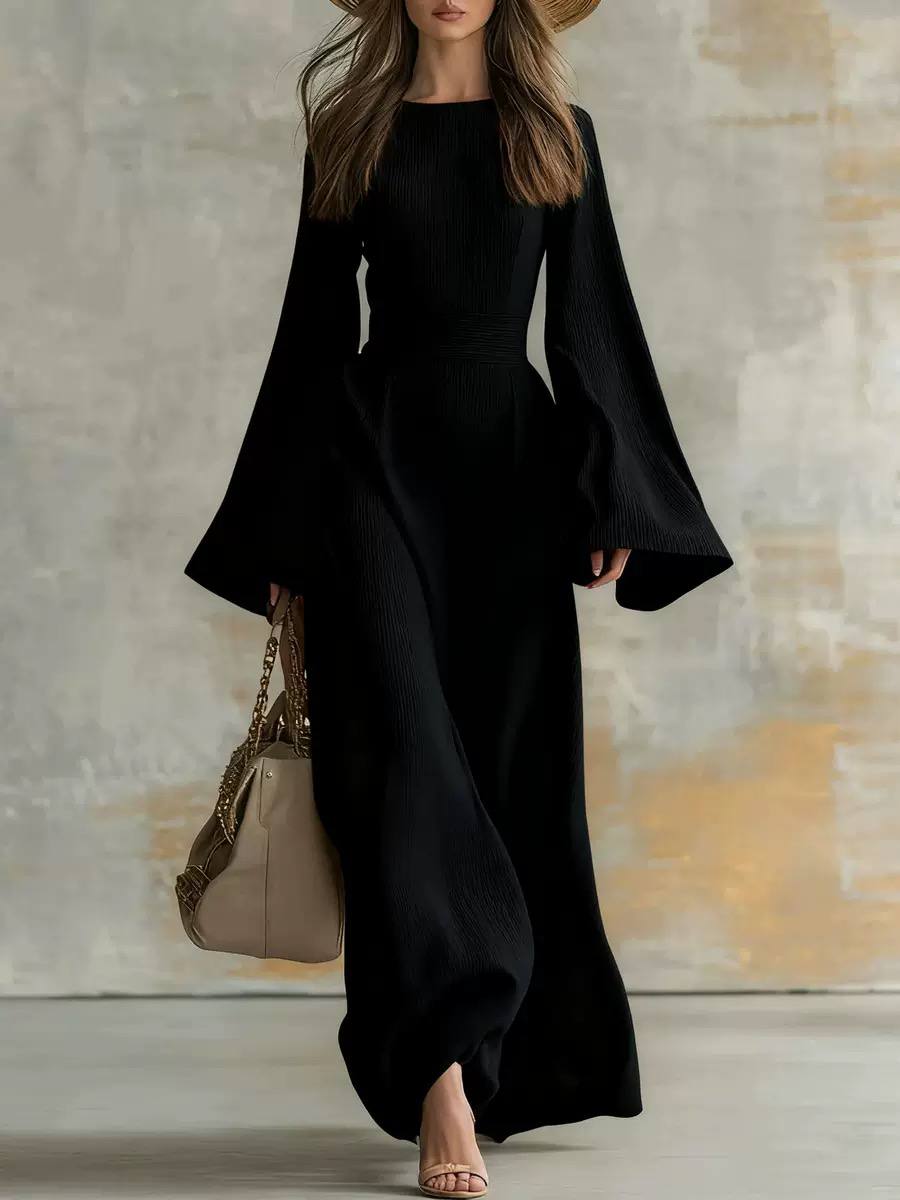 Women’s Elegant Long Sleeve Flared Cuff Belted Maxi Dress