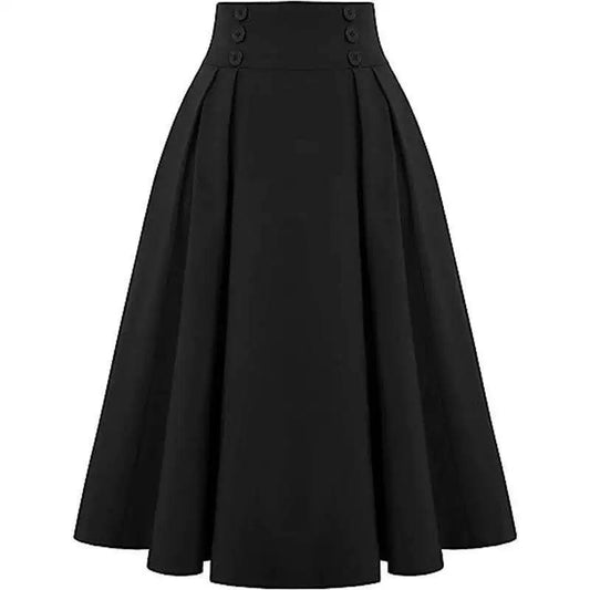 Women’s High-Waisted Pleated A-Line Skirt with Decorative Buttons