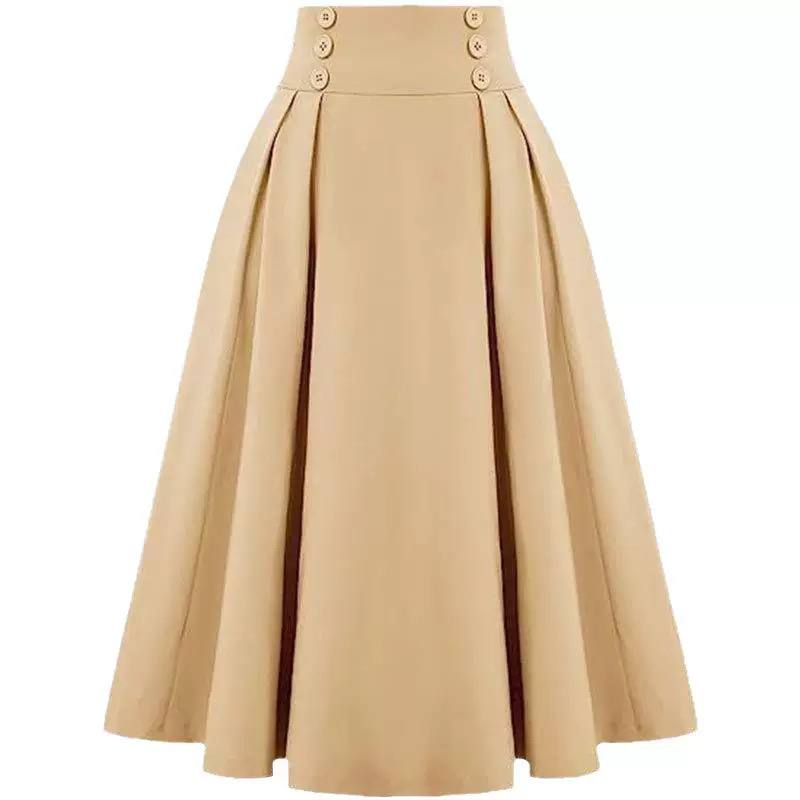 Women’s High-Waisted Pleated A-Line Skirt with Decorative Buttons