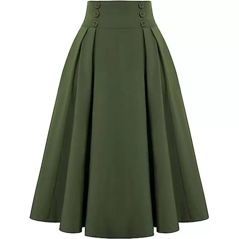Women’s High-Waisted Pleated A-Line Skirt with Decorative Buttons