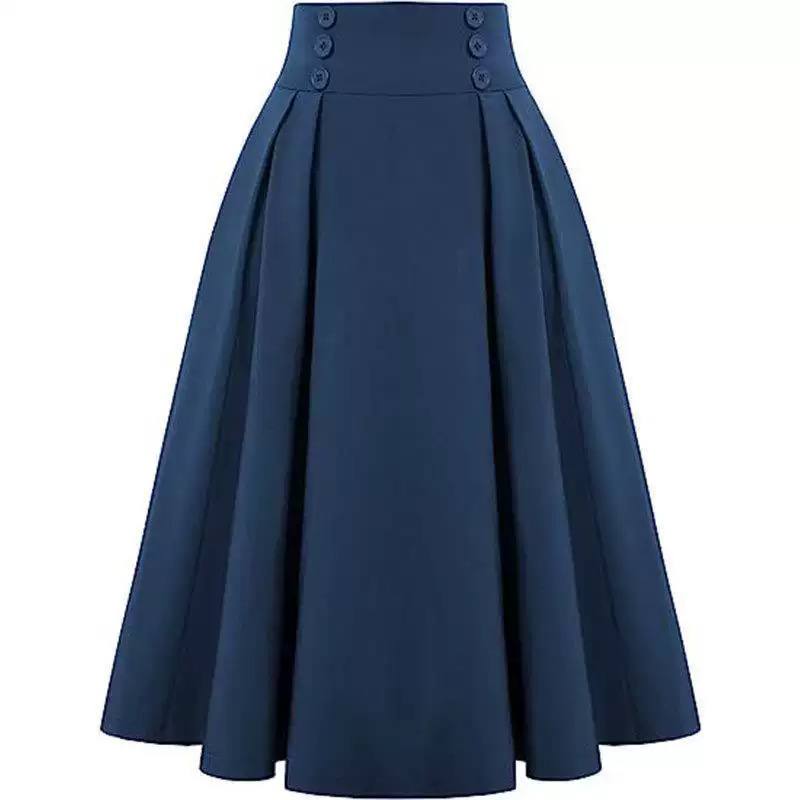 Women’s High-Waisted Pleated A-Line Skirt with Decorative Buttons