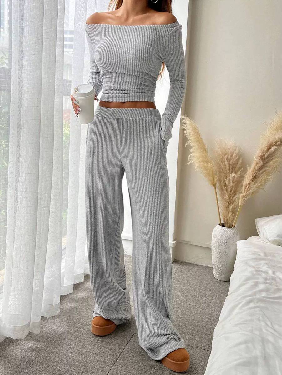 Women’s Off-Shoulder Ribbed Knit Top & Wide-Leg Trousers Set