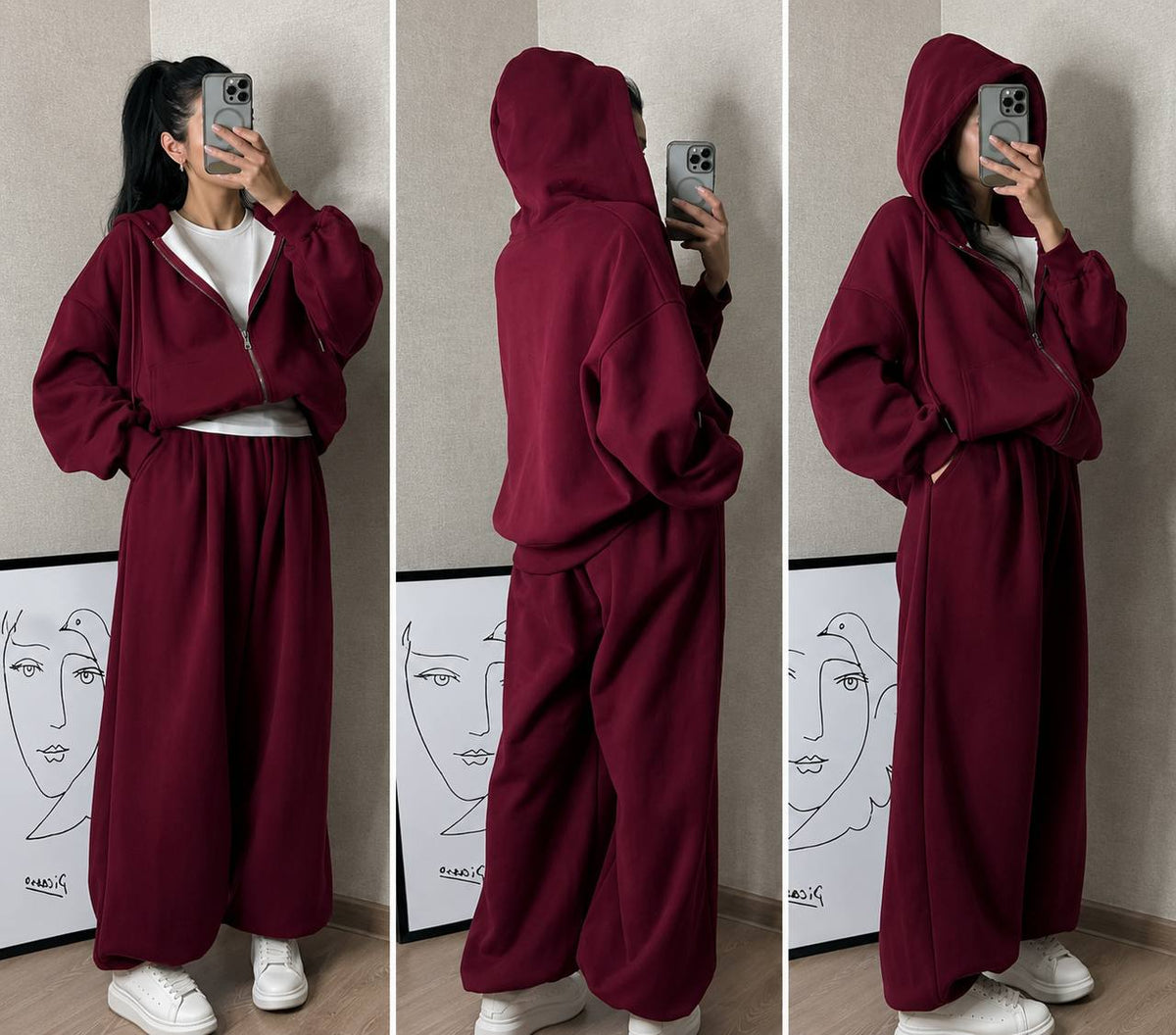 Women’s Cotton Zip-Up Hoodie and Wide-Leg Trousers Two-Piece Lounge Set