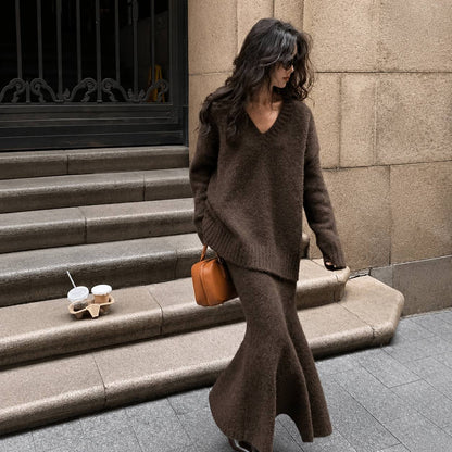 Women’s V-Neck Oversized Knit Sweater and Flared Maxi Skirt Two-Piece Set