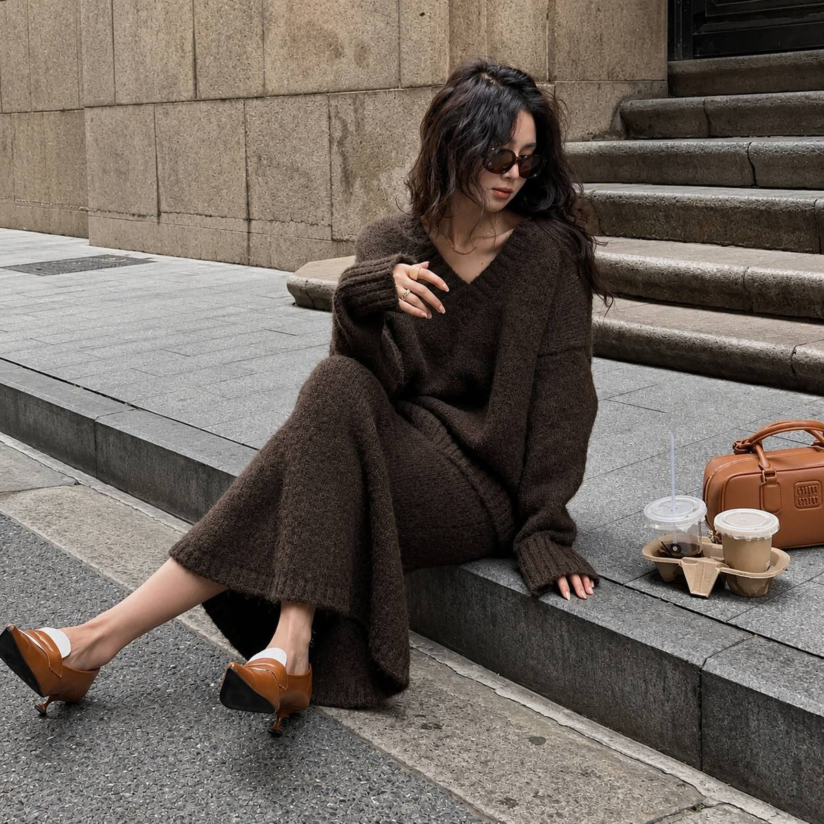 Women’s V-Neck Oversized Knit Sweater and Flared Maxi Skirt Two-Piece Set