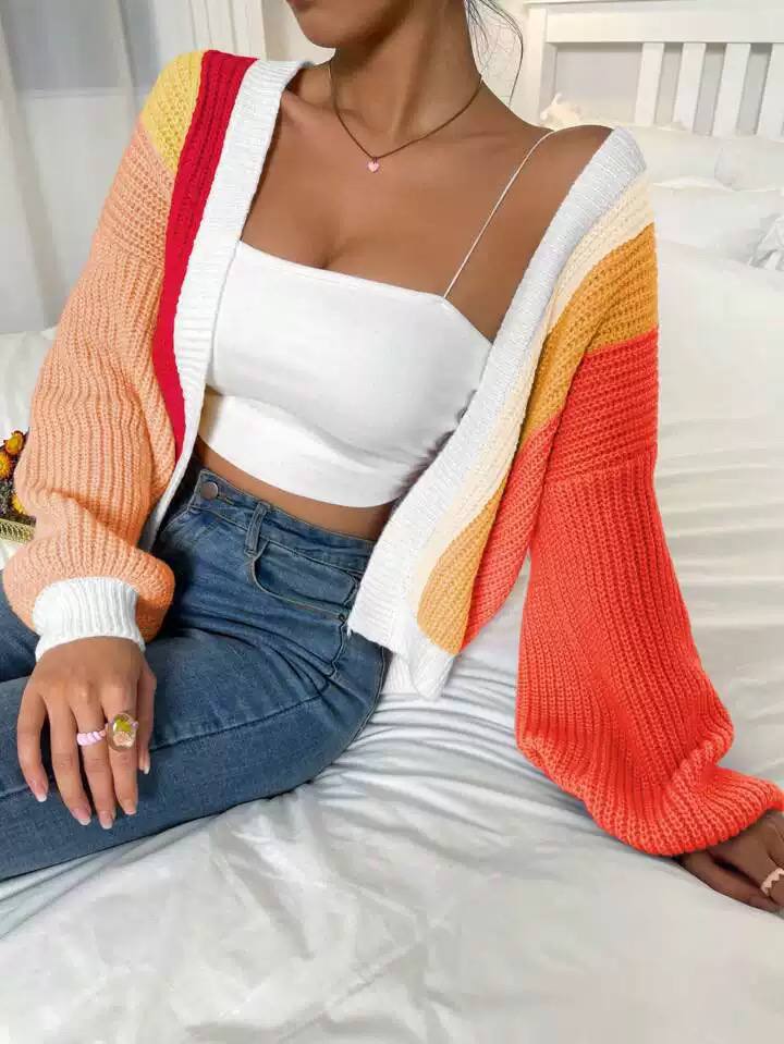 Women’s Chunky Knit Open-Front Cardigan with Balloon Sleeves and Contrast Trim