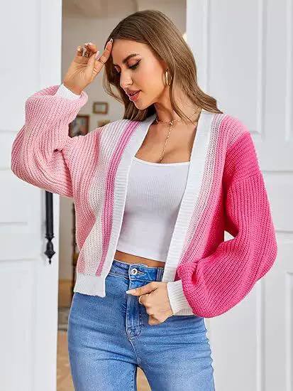 Women’s Chunky Knit Open-Front Cardigan with Balloon Sleeves and Contrast Trim