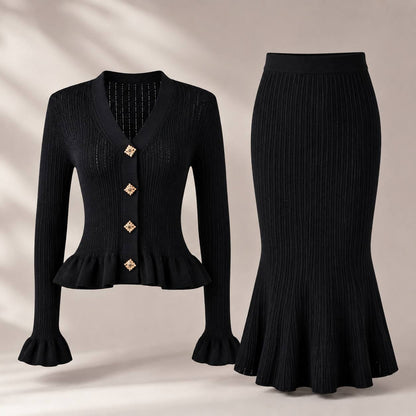 Women’s Ribbed Knit Two-Piece Set with Ruffle Cardigan & Mermaid Midi Skirt