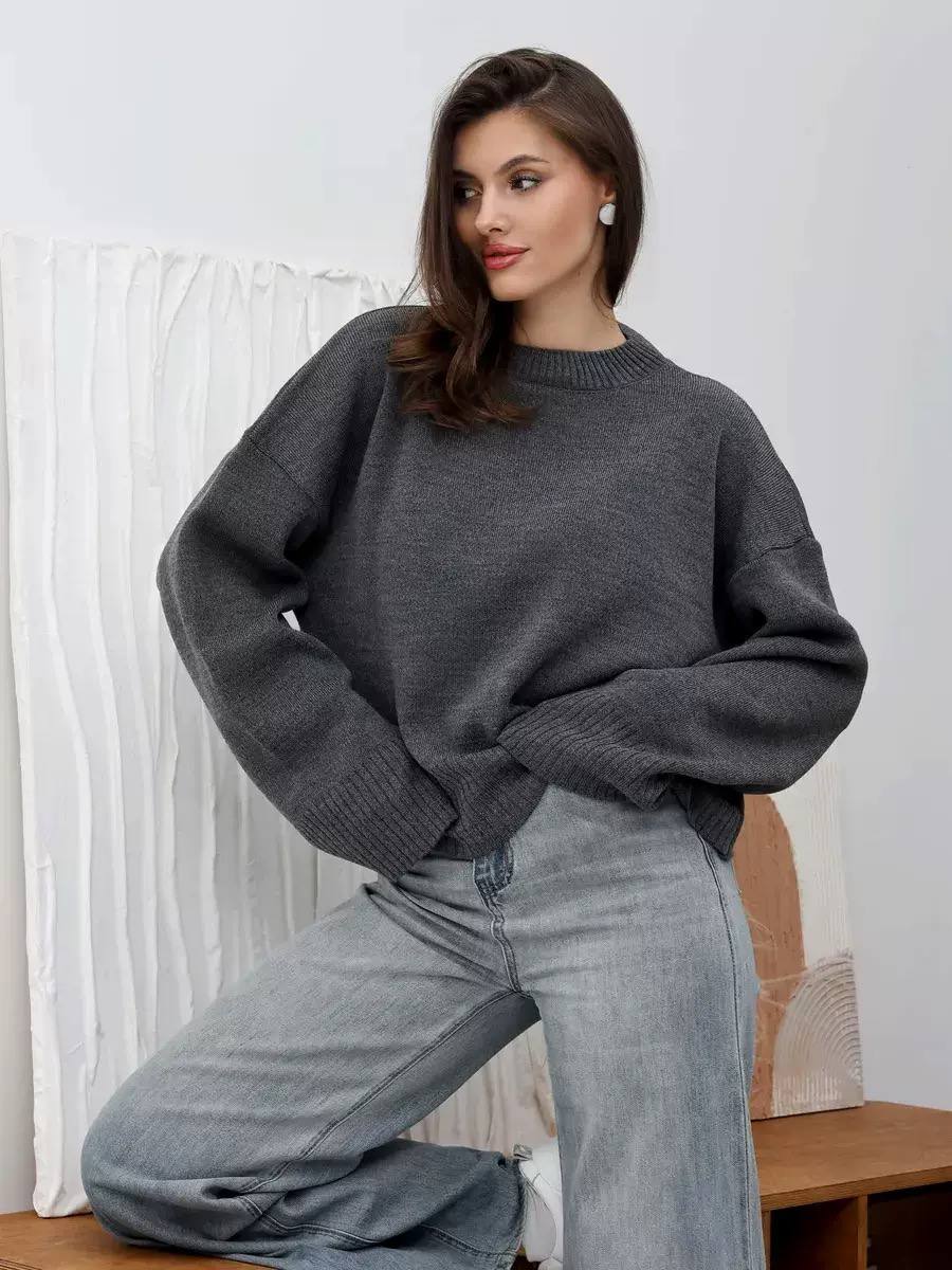 Women’s Relaxed Knit Sweater with Crew Neck, Drop Shoulders & Long Sleeves