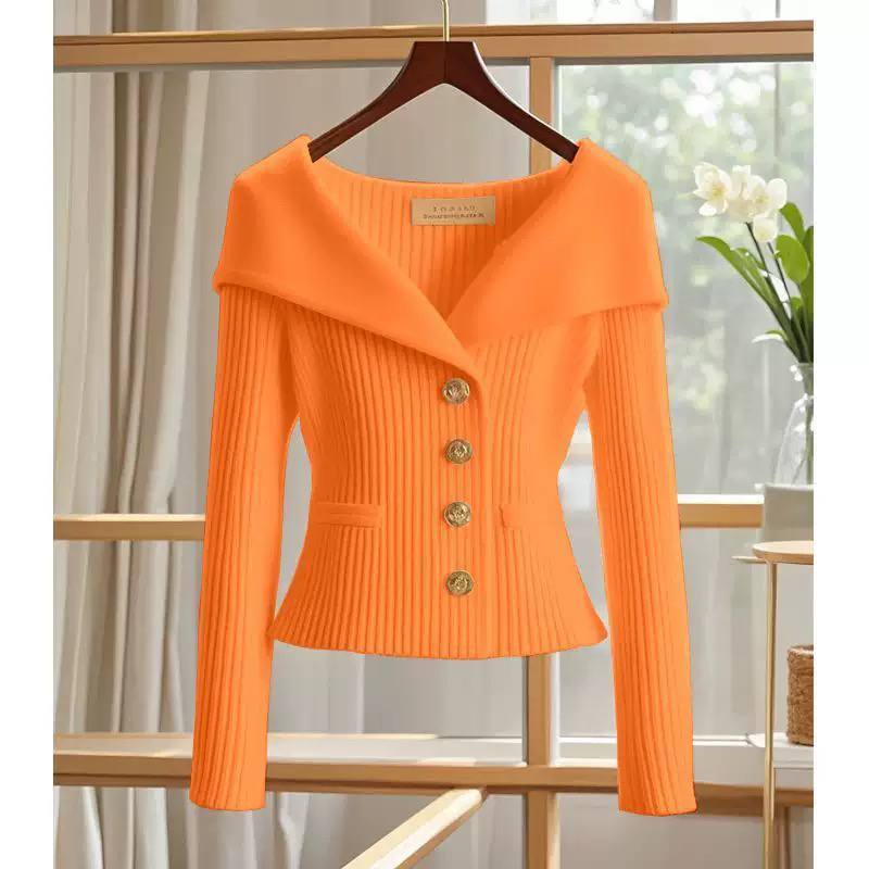 Women’s Elegant Ribbed Knit Cardigan with Wide Sailor Collar & Statement Buttons