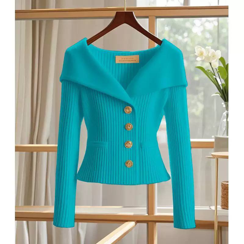 Women’s Elegant Ribbed Knit Cardigan with Wide Sailor Collar & Statement Buttons