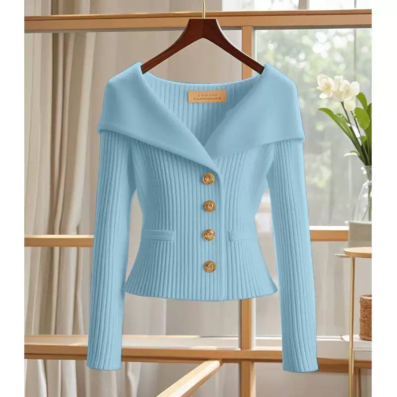 Women’s Elegant Ribbed Knit Cardigan with Wide Sailor Collar & Statement Buttons