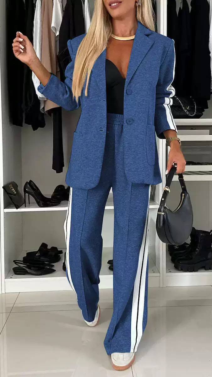 Women’s Tailored Two-Piece Suit Set with Blazer & Contrast Stripe Wide-Leg Trousers