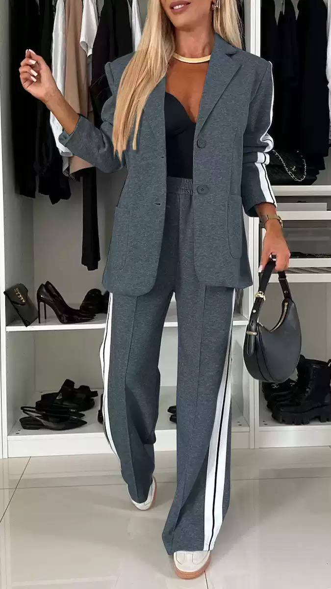 Women’s Tailored Two-Piece Suit Set with Blazer & Contrast Stripe Wide-Leg Trousers
