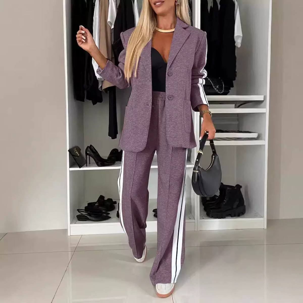 Women’s Tailored Two-Piece Suit Set with Blazer & Contrast Stripe Wide-Leg Trousers