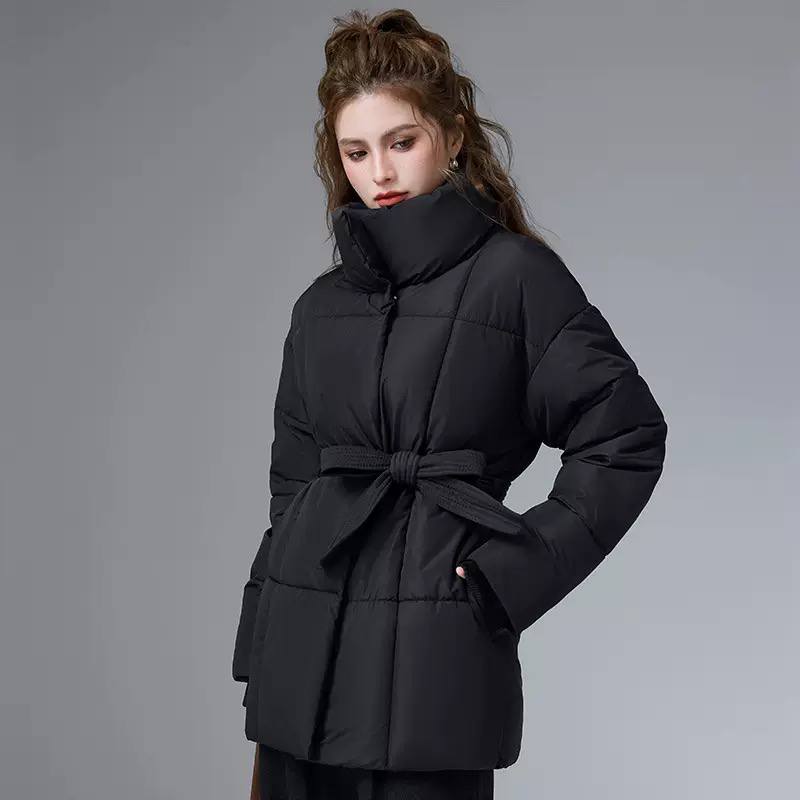 Women’s High-Neck Puffer Jacket – Belted Waist Relaxed Winter Coat