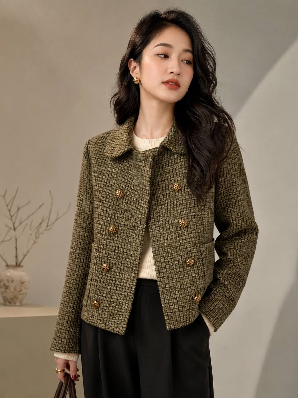 Women’s Textured Double-Breasted Cropped Blazer with Statement Buttons