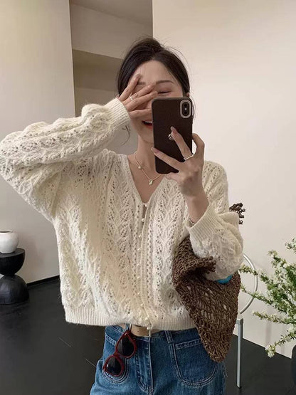 Women’s Openwork V-Neck Button-Front Knit Cardigan with Balloon Sleeves