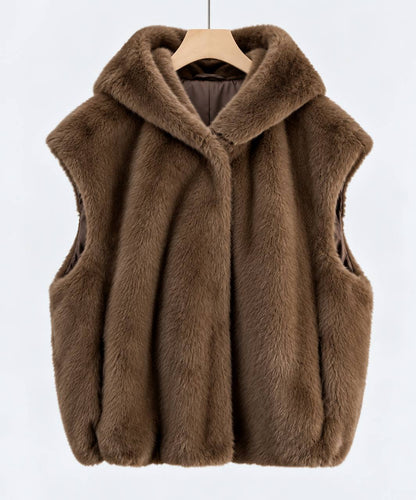 Women's Plush Hooded Sleeveless Vest with Pockets