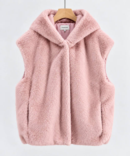 Women's Plush Hooded Sleeveless Vest with Pockets