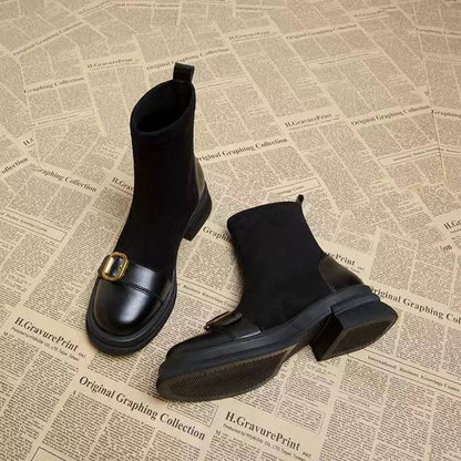 Women's Buckle-Detail Sock-Shaft Block-Heel Boots