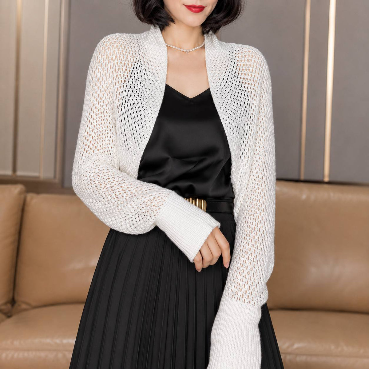 Women's Open-Knit Balloon-Sleeve Shrug Cardigan – White