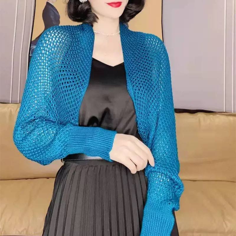 Women's Open-Knit Balloon-Sleeve Shrug Cardigan – Blue