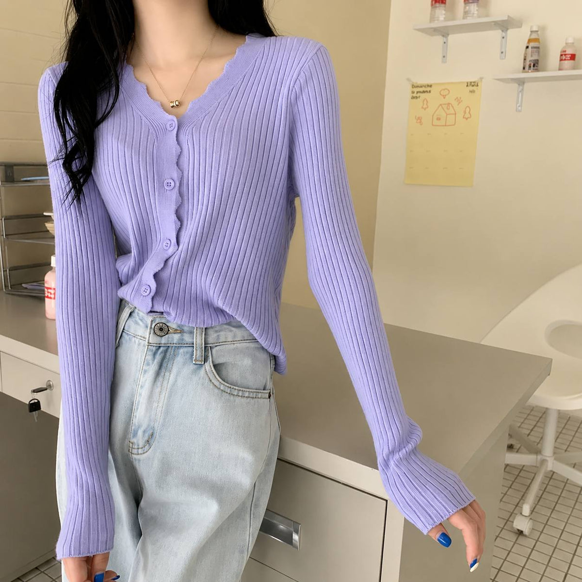 Women's Ribbed Scallop-Edge Button-Front Cardigan – Light purple