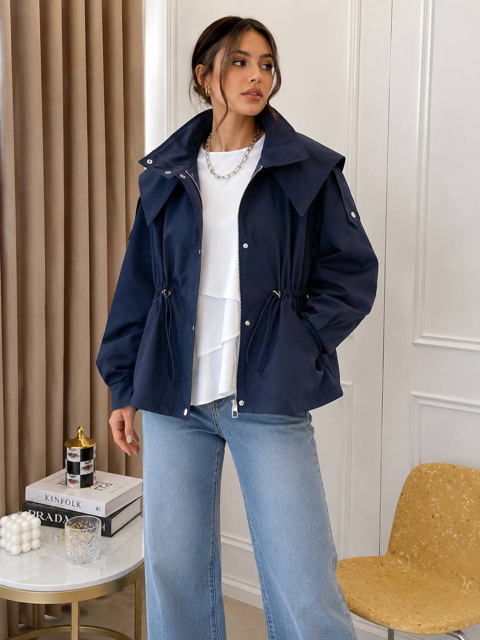 Women's Drawstring-Waist Hooded Utility Jacket – Navy