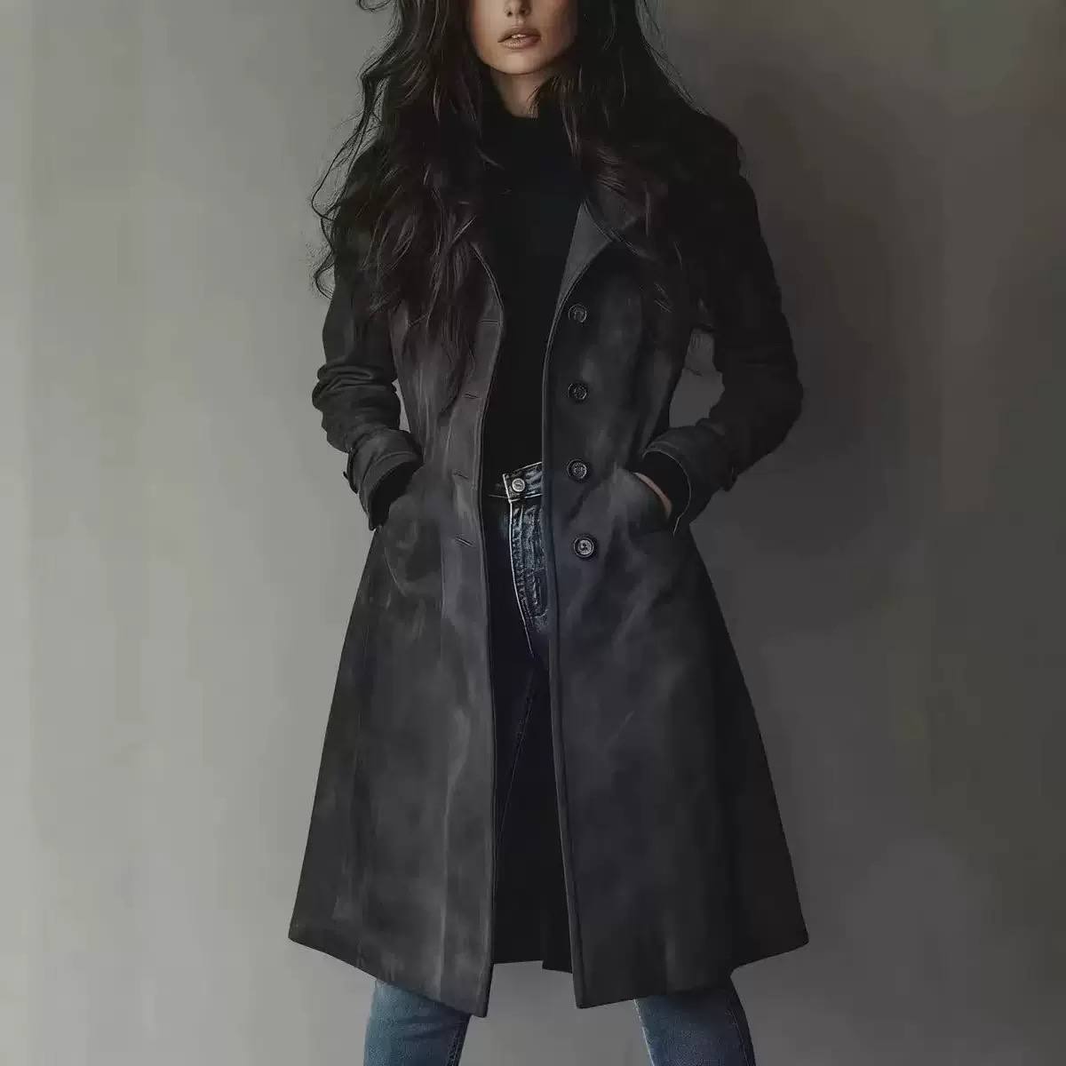 Women's Longline Button-Front Tailored Coat – Dark Gray