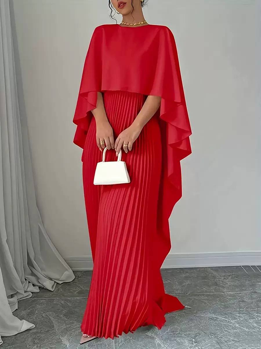 Women's Pleated Maxi Dress with Flowing Cape Overlay – Red