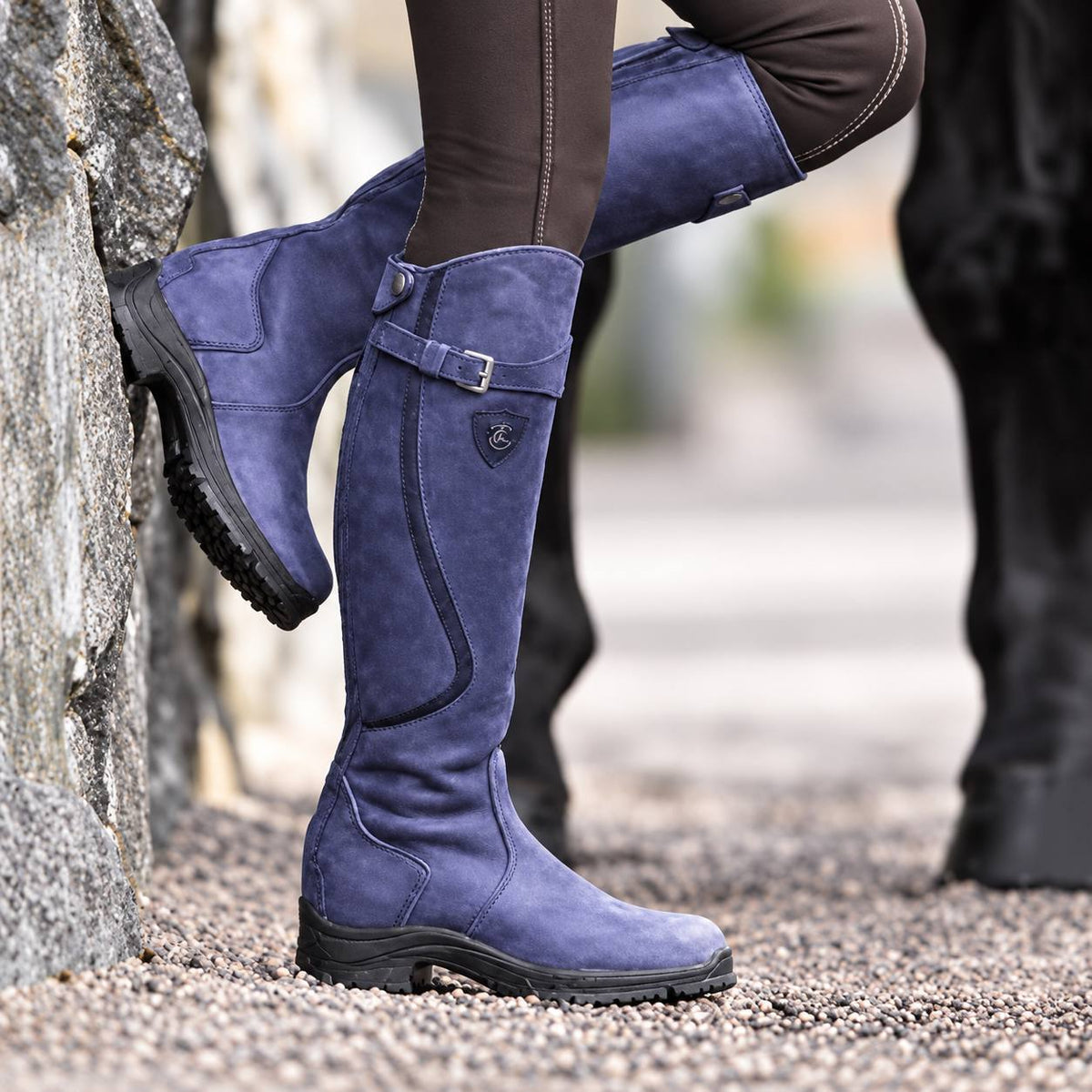 Women's Knee-High Buckle Riding Boots with Tread Sole – Blue