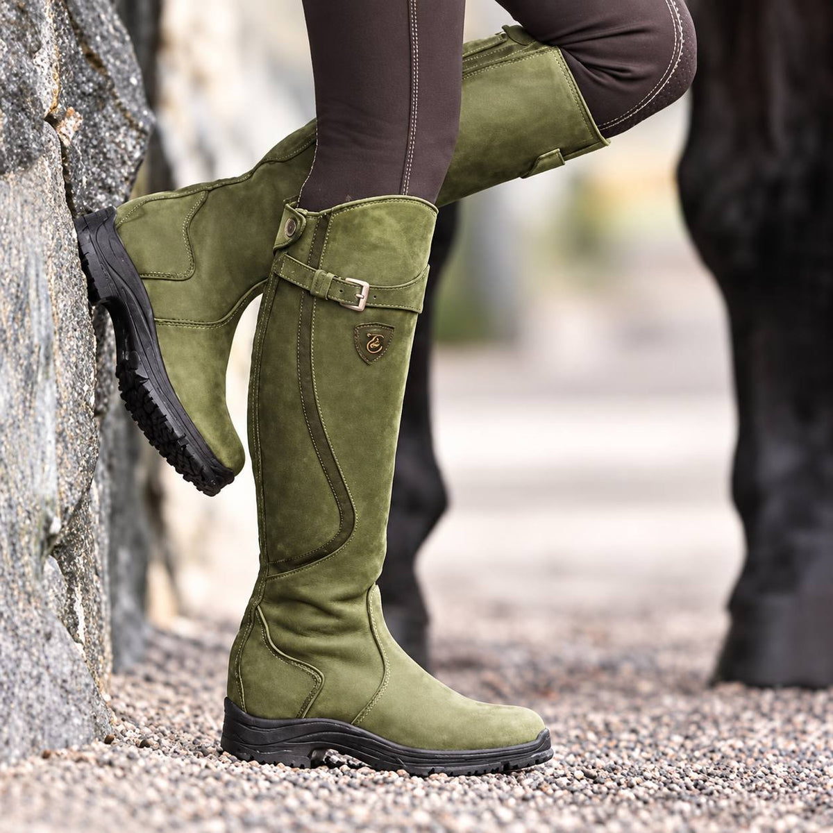 Women's Knee-High Buckle Riding Boots with Tread Sole – olive colour