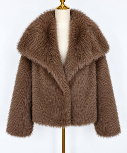 Women's Plush Wide-Collar Short Jacket – Brown
