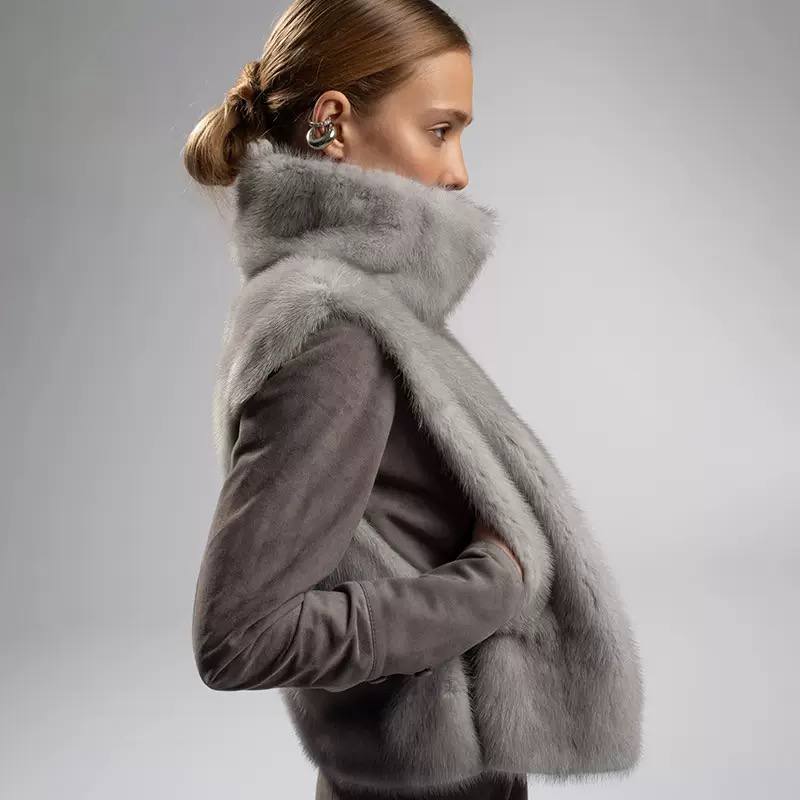 Women's High-Neck Plush Cropped Vest – Gray