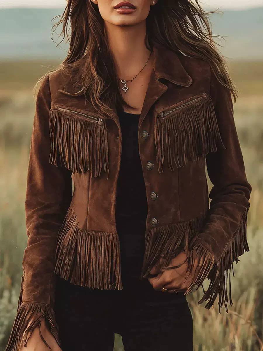 Women's Western Fringe Button-Front Jacket – Brown