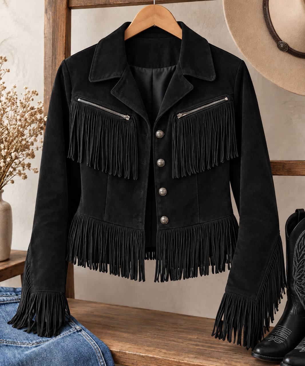 Women's Western Fringe Button-Front Jacket – Black