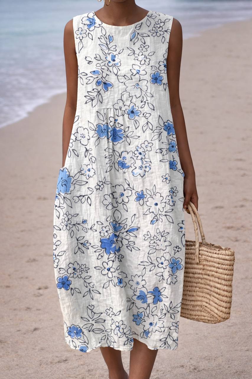 Diana | Elegant Floral Sketch Sleeveless Midi Dress
