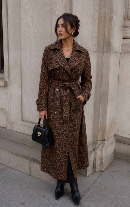 Leopard Print Trench Coat – Double-Breasted, Belted Waist, Longline Fit