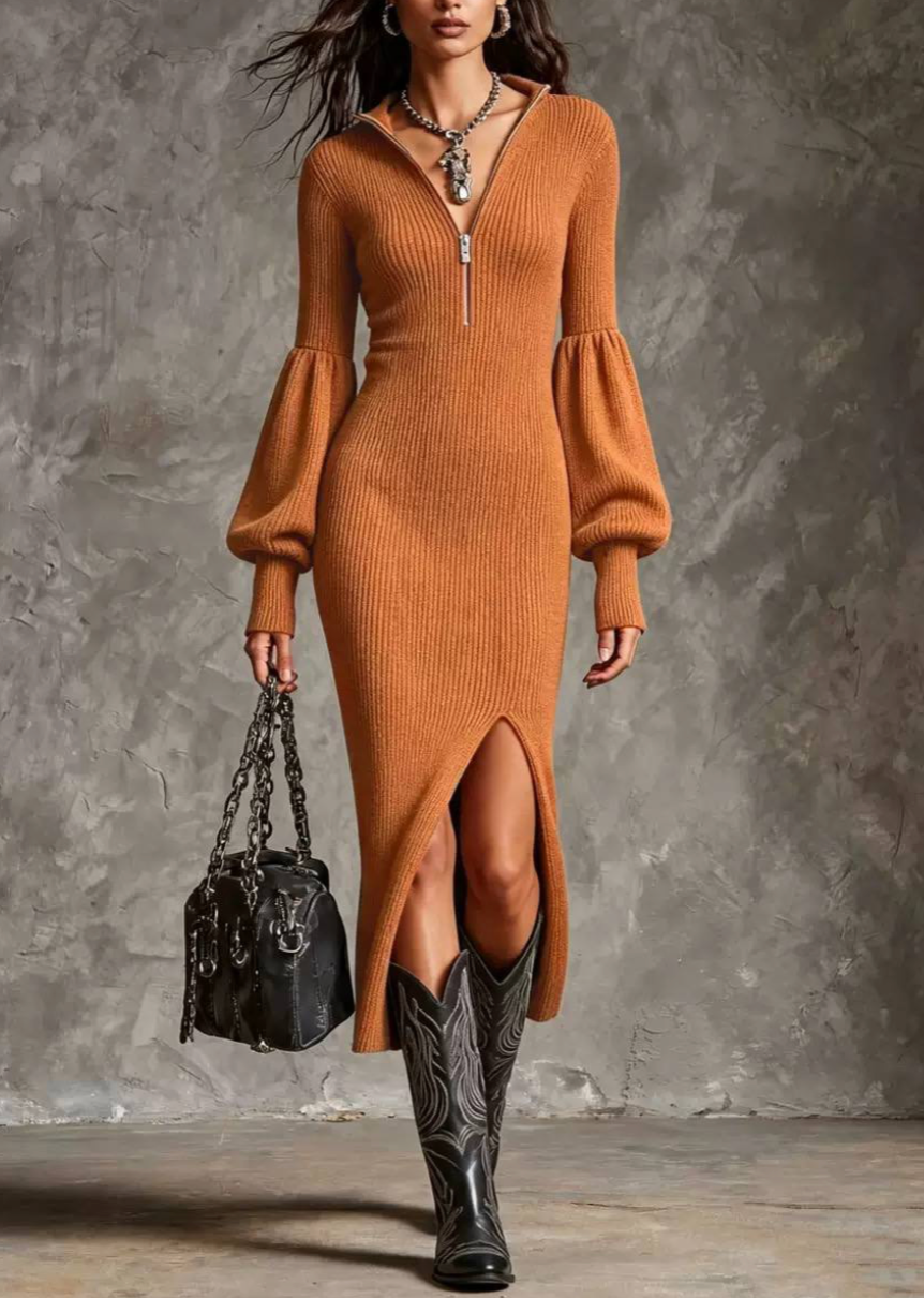 Women’s Elegant Ribbed Knit Zip Neck Midi Dress with Balloon Sleeves